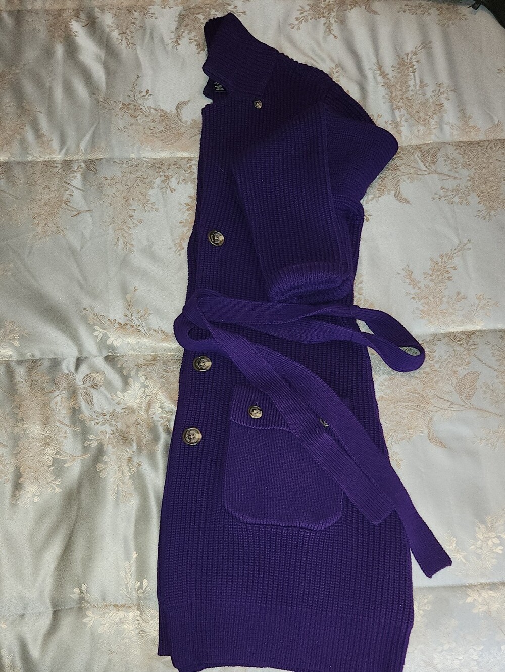 Lauren Ralph Lauren Deep Purple Ribbed Belted Cardigan